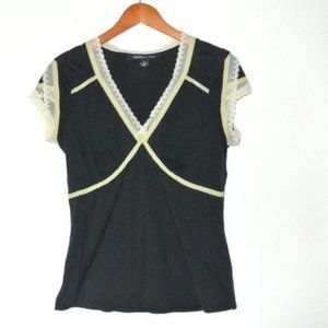 Indigo Palms Black Tee Lace Trim Tee M Cotton